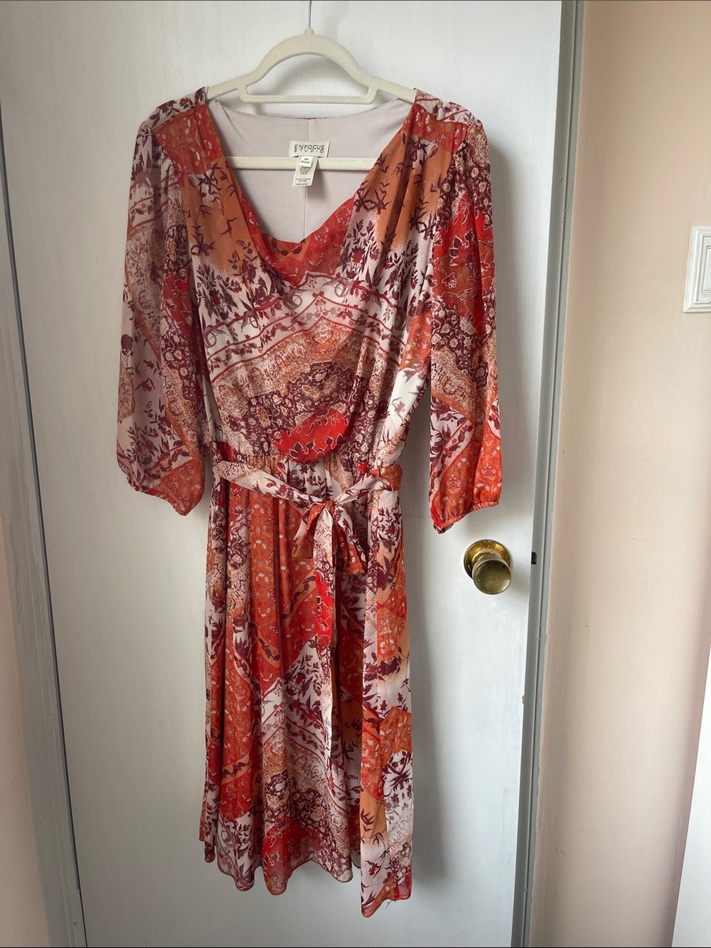 NWOT EN FOCUS STUDIO Orange and Cream Printed Midi Dress with Tie Waist SIZE 10